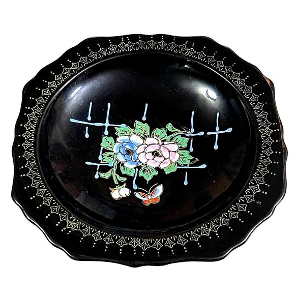 VTG Japanese Pedestal Dish Tashiro Shoten Black Hand Painted Flowers Butterfly - Picture 2 of 10